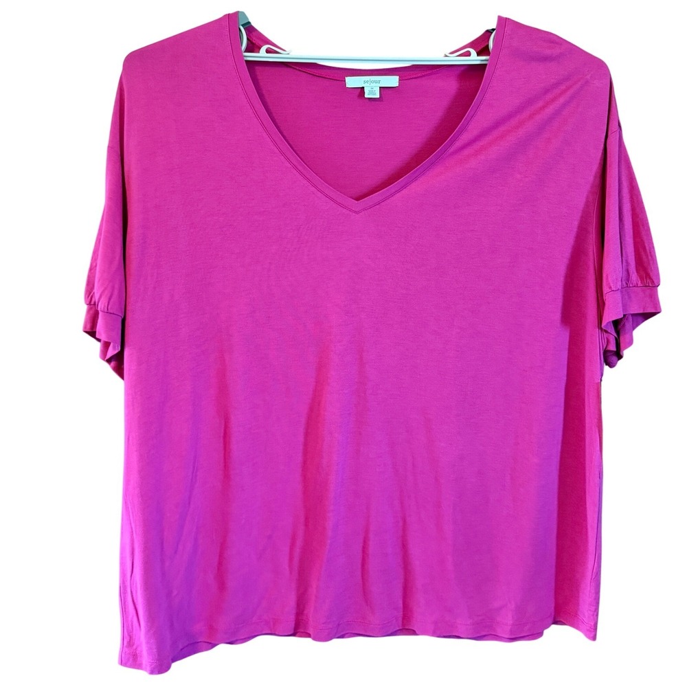 NEW Sejour Women's 3X Pink V-Neck Short Sleeve Top Blouse‎